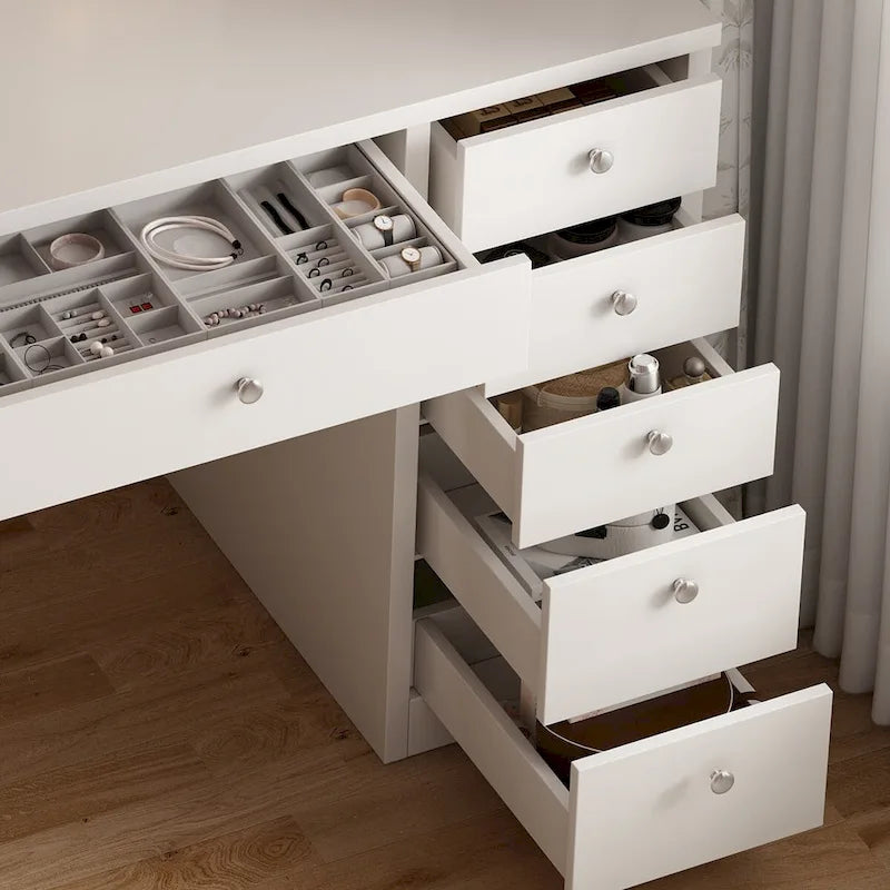 Coiffeuse de maquillage avec miroir, tiroirs et étagères