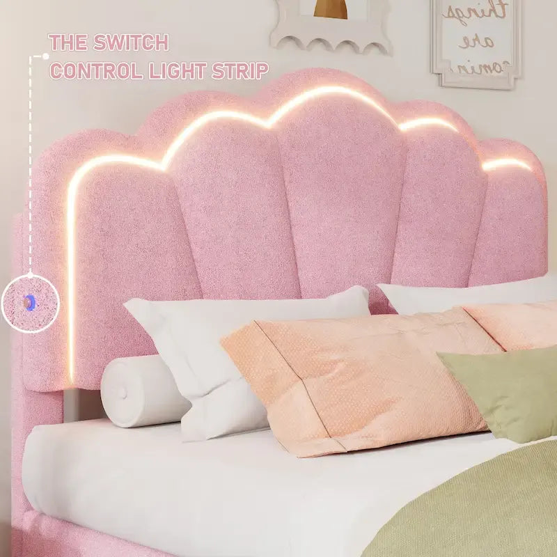 Ensembles de chambre à coucher 2 pièces Grand lit plateforme LED tapissé en forme de fleur avec pouf de rangement - Tissu Sherpa