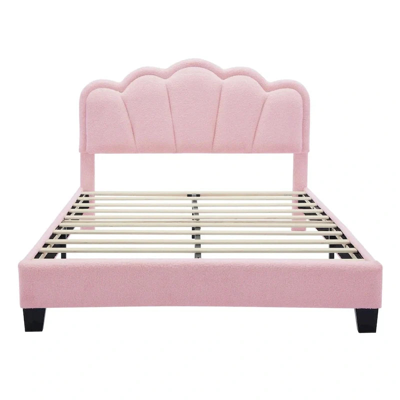 Ensembles de chambre à coucher 2 pièces Grand lit plateforme LED tapissé en forme de fleur avec pouf de rangement - Tissu Sherpa