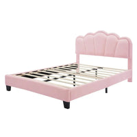 Ensembles de chambre à coucher 2 pièces Grand lit plateforme LED tapissé en forme de fleur avec pouf de rangement - Tissu Sherpa