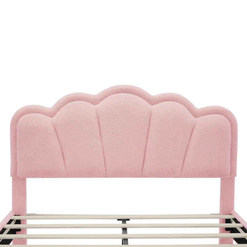 Ensembles de chambre à coucher 2 pièces Grand lit plateforme LED tapissé en forme de fleur avec pouf de rangement - Tissu Sherpa