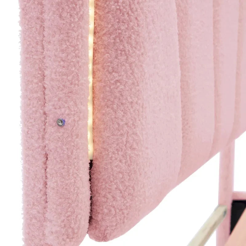 Ensembles de chambre à coucher 2 pièces Grand lit plateforme LED tapissé en forme de fleur avec pouf de rangement - Tissu Sherpa