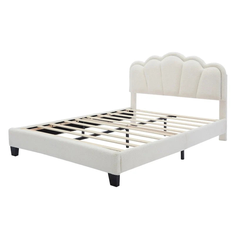 Ensembles de chambre à coucher 2 pièces Grand lit plateforme LED tapissé en forme de fleur avec pouf de rangement - Tissu Sherpa