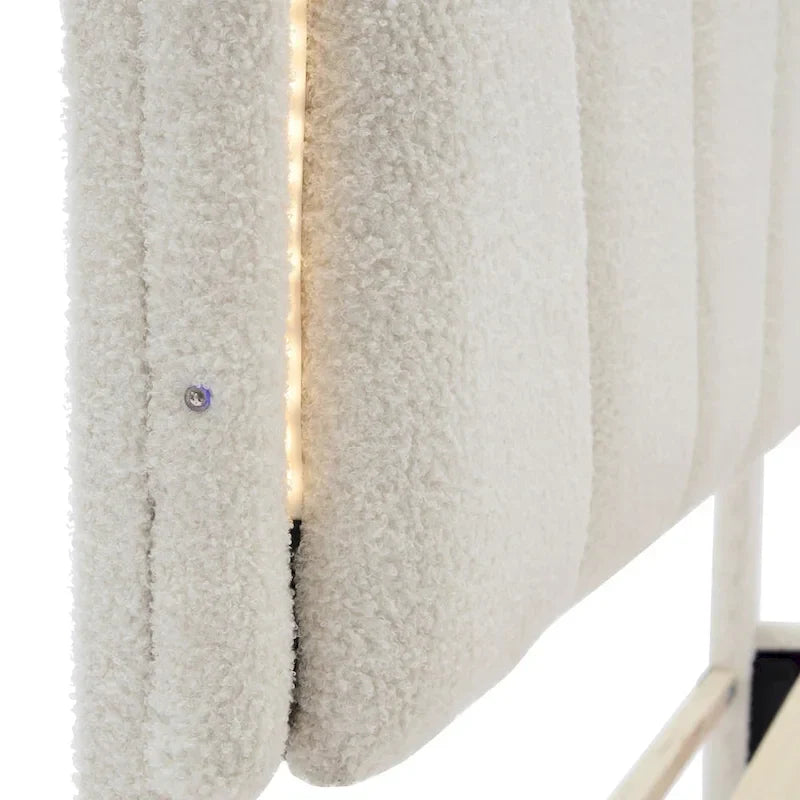 Ensembles de chambre à coucher 2 pièces Grand lit plateforme LED tapissé en forme de fleur avec pouf de rangement - Tissu Sherpa