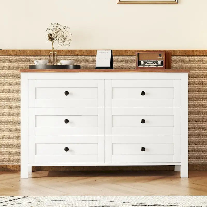 Commode en bois style ferme rétro avec 6 tiroirs, armoire de rangement pour chambre