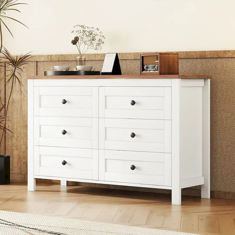 Commode en bois style ferme rétro avec 6 tiroirs, armoire de rangement pour chambre