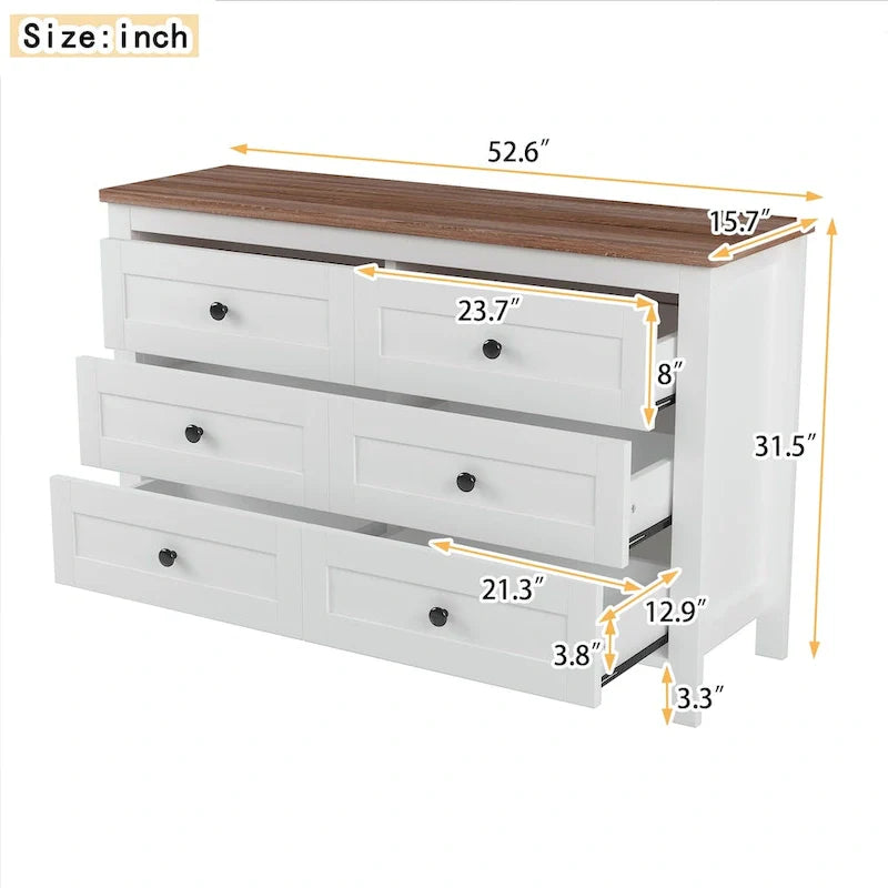 Commode en bois style ferme rétro avec 6 tiroirs, armoire de rangement pour chambre