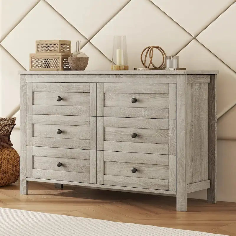 Commode en bois style ferme rétro avec 6 tiroirs, armoire de rangement pour chambre