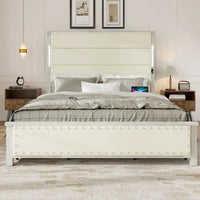 Cadre de lit avec tête de lit et 4 tiroirs de rangement, station de charge et lumières LED