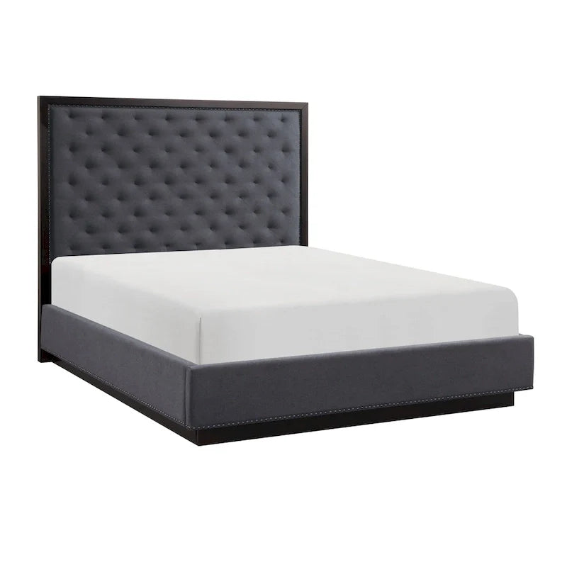 Lit Queen Size Tey avec tête de lit capitonnée, tissu gris, placage de frêne