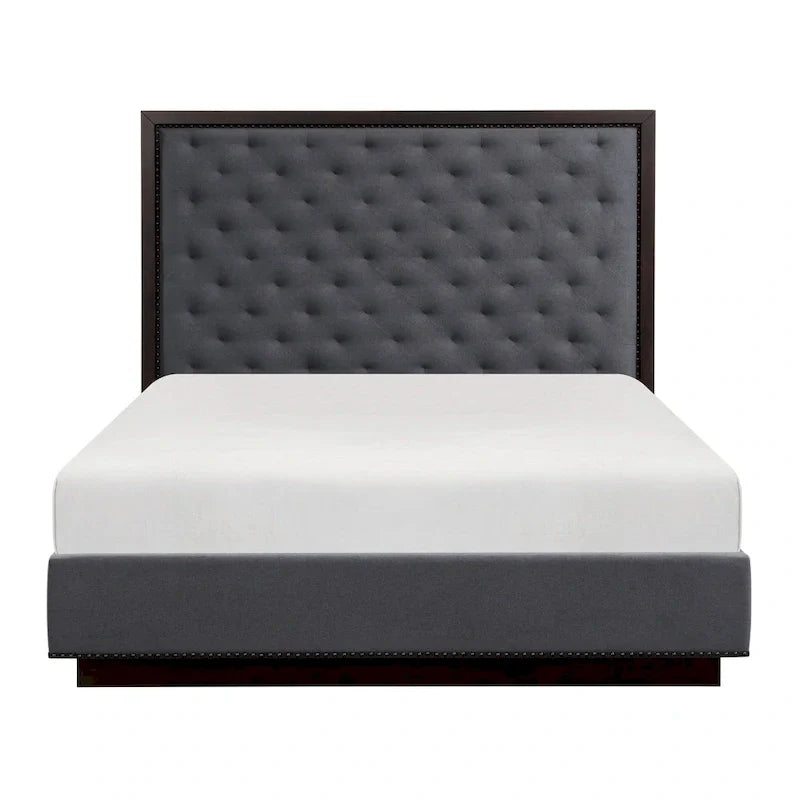 Lit Queen Size Tey avec tête de lit capitonnée, tissu gris, placage de frêne