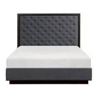 Lit Queen Size Tey avec tête de lit capitonnée, tissu gris, placage de frêne