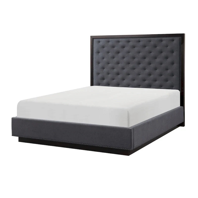 Lit Queen Size Tey avec tête de lit capitonnée, tissu gris, placage de frêne