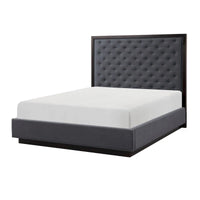 Lit Queen Size Tey avec tête de lit capitonnée, tissu gris, placage de frêne