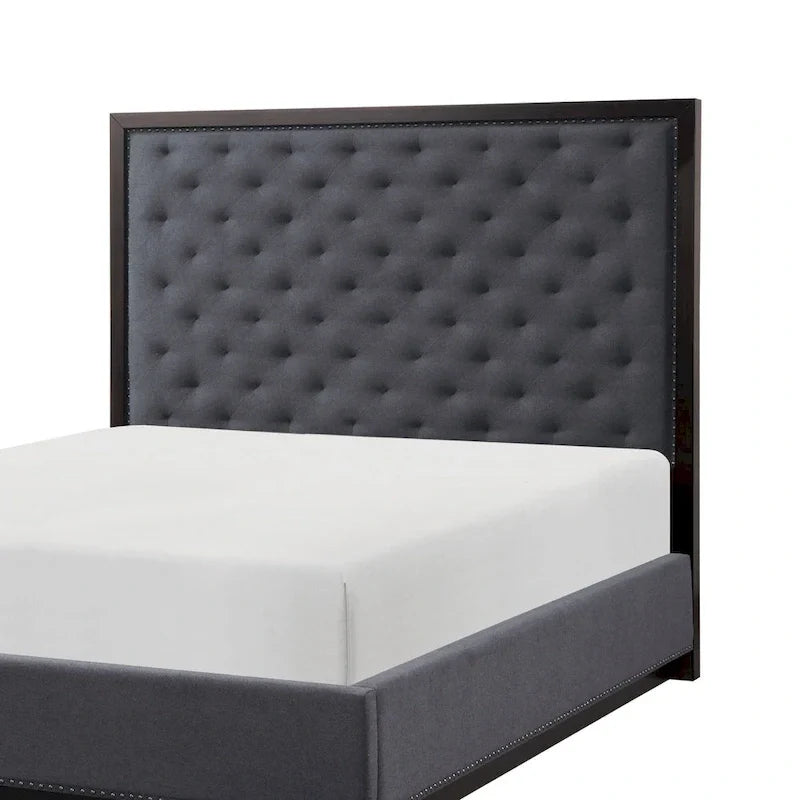Lit Queen Size Tey avec tête de lit capitonnée, tissu gris, placage de frêne
