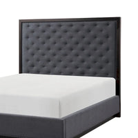 Lit Queen Size Tey avec tête de lit capitonnée, tissu gris, placage de frêne