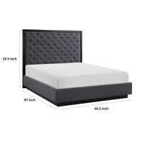 Lit Queen Size Tey avec tête de lit capitonnée, tissu gris, placage de frêne