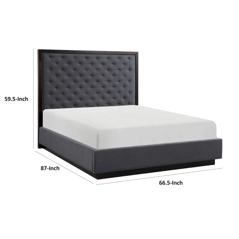 Lit Queen Size Tey avec tête de lit capitonnée, tissu gris, placage de frêne