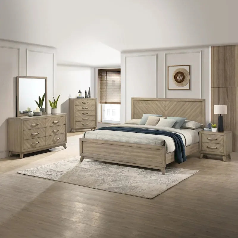 Ensemble de chambre à coucher contemporain Roundhill Furniture Arena en bois : Lit à panneaux, commode, miroir, table de chevet, chiffonnier, gris antique