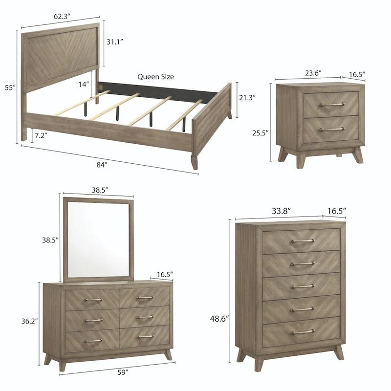 Ensemble de chambre à coucher contemporain Roundhill Furniture Arena en bois : Lit à panneaux, commode, miroir, table de chevet, chiffonnier, gris antique