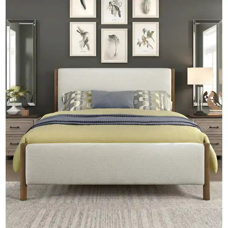 Lit plateforme tapissé en chenille beige, bois massif, 1 pièce