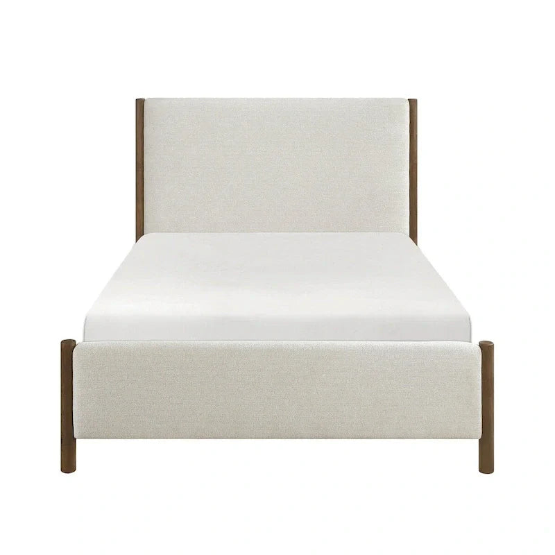 Lit plateforme tapissé en chenille beige, bois massif, 1 pièce