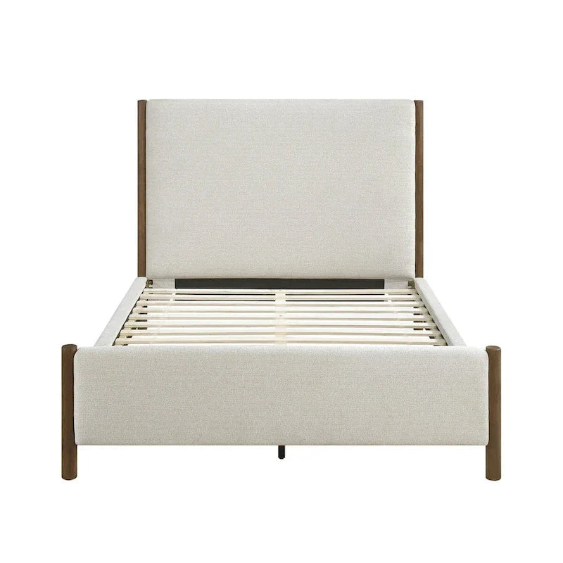 Lit plateforme tapissé en chenille beige, bois massif, 1 pièce