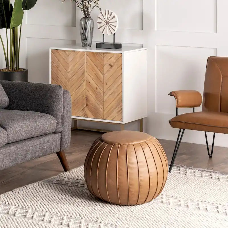 Pouf ottoman rond rempli en similicuir Nuloom