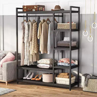 Portant à vêtements robuste Lantine avec étagères en bois