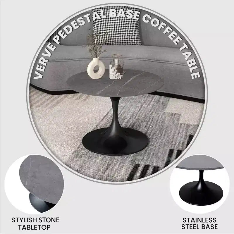 LeisureMod Verve 27 table basse ronde - plateau en pierre frittée et base piédestal en acier noir moderne, table d'appoint pour salon contemporain