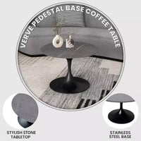 LeisureMod Verve 27 table basse ronde - plateau en pierre frittée et base piédestal en acier noir moderne, table d'appoint pour salon contemporain
