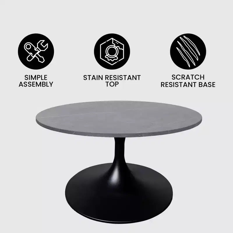 LeisureMod Verve 27 table basse ronde - plateau en pierre frittée et base piédestal en acier noir moderne, table d'appoint pour salon contemporain