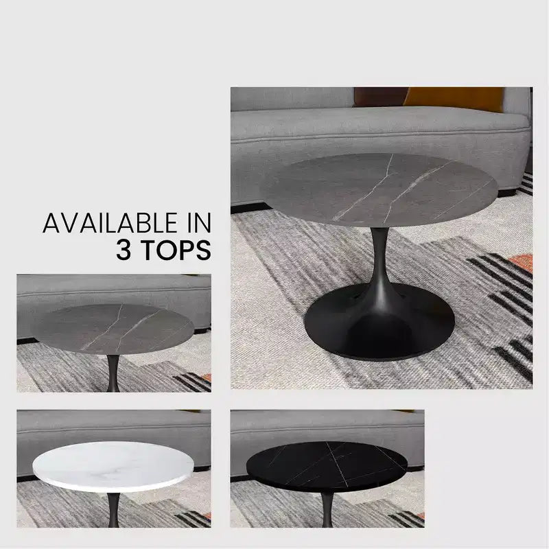 LeisureMod Verve 27 table basse ronde - plateau en pierre frittée et base piédestal en acier noir moderne, table d'appoint pour salon contemporain