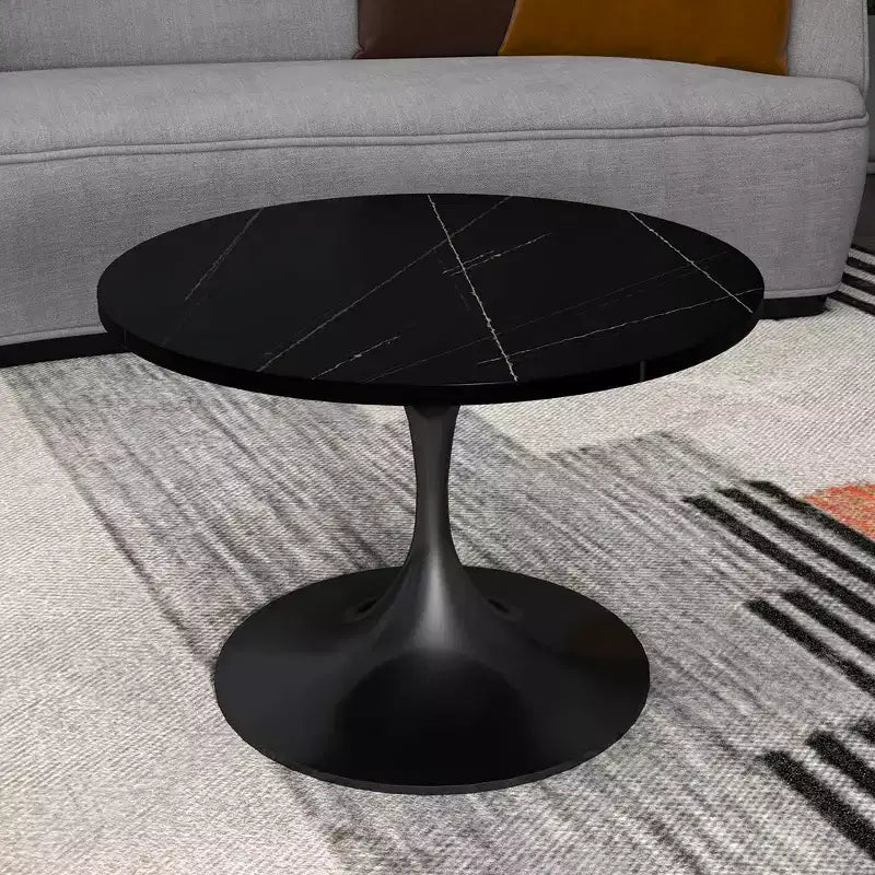 LeisureMod Verve 27 table basse ronde - plateau en pierre frittée et base piédestal en acier noir moderne, table d'appoint pour salon contemporain