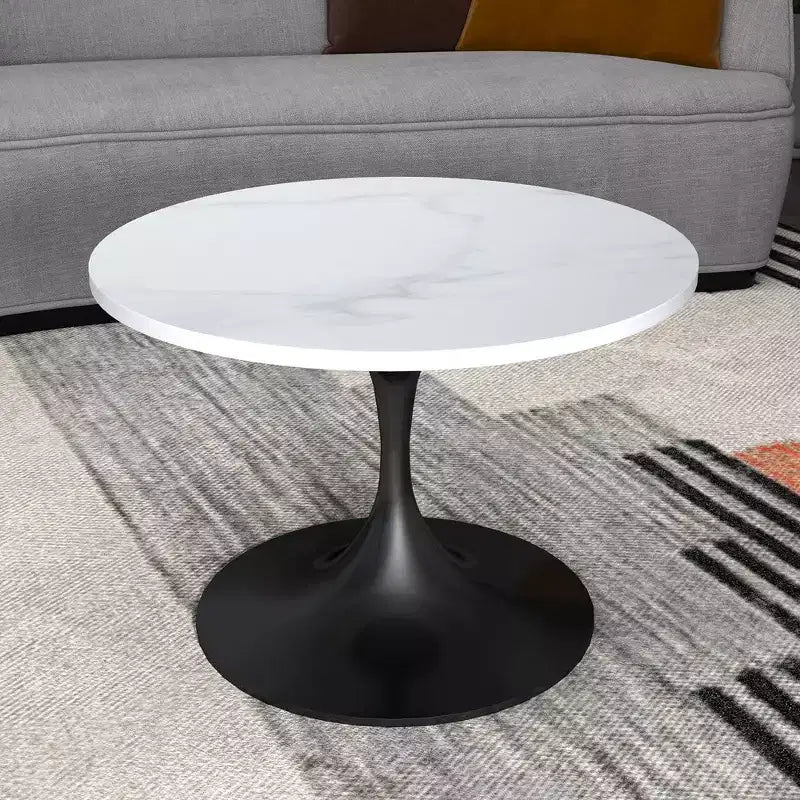 LeisureMod Verve 27 table basse ronde - plateau en pierre frittée et base piédestal en acier noir moderne, table d'appoint pour salon contemporain