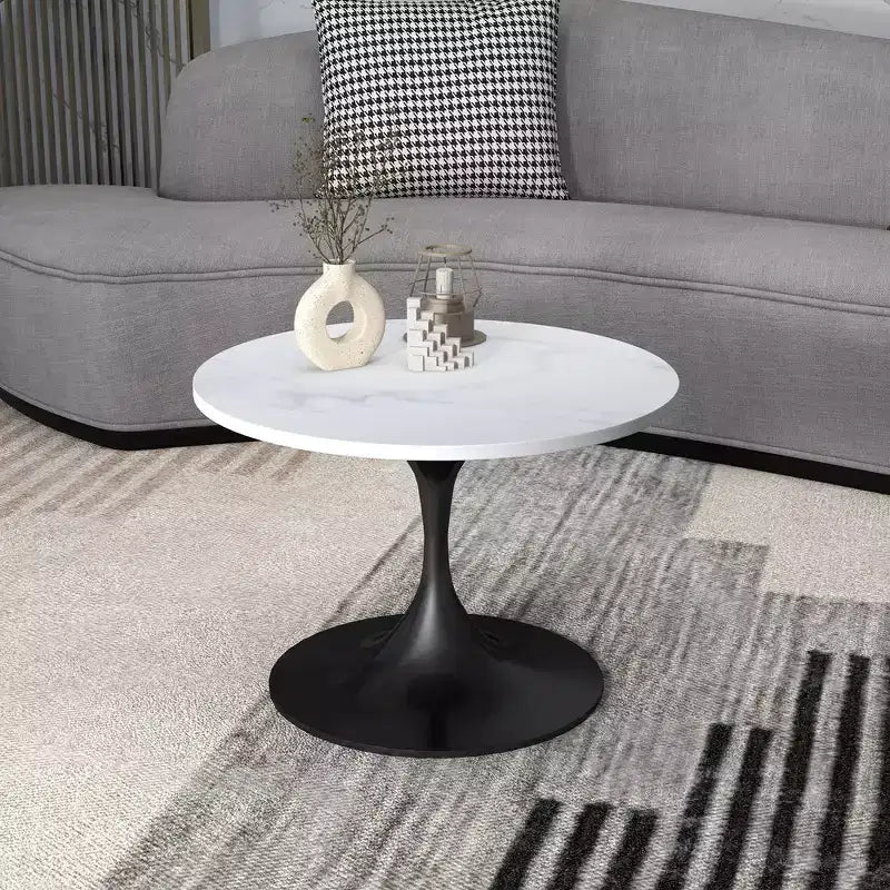 LeisureMod Verve 27 table basse ronde - plateau en pierre frittée et base piédestal en acier noir moderne, table d'appoint pour salon contemporain