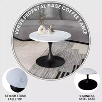 LeisureMod Verve 27 table basse ronde - plateau en pierre frittée et base piédestal en acier noir moderne, table d'appoint pour salon contemporain