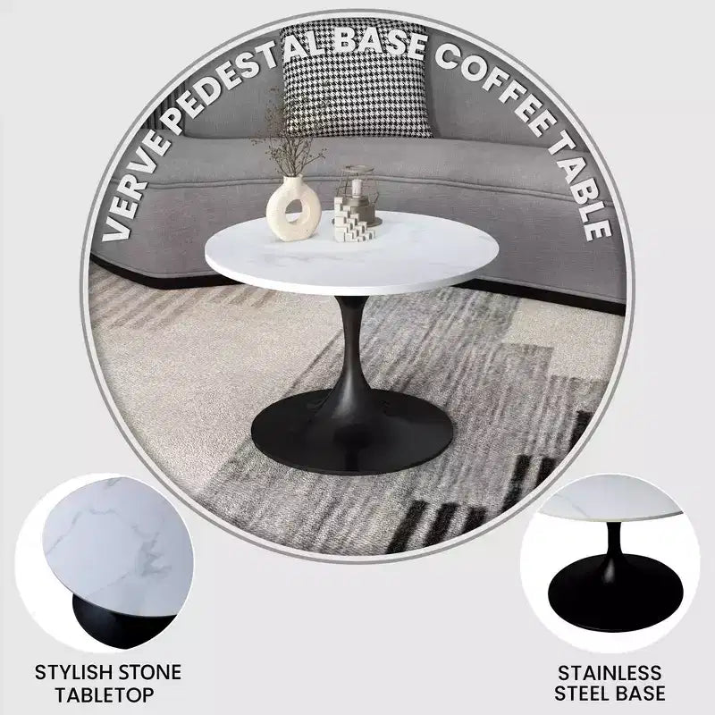LeisureMod Verve 27 table basse ronde - plateau en pierre frittée et base piédestal en acier noir moderne, table d'appoint pour salon contemporain