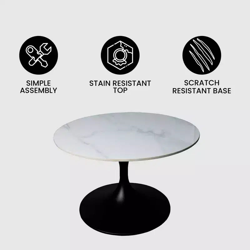 LeisureMod Verve 27 table basse ronde - plateau en pierre frittée et base piédestal en acier noir moderne, table d'appoint pour salon contemporain