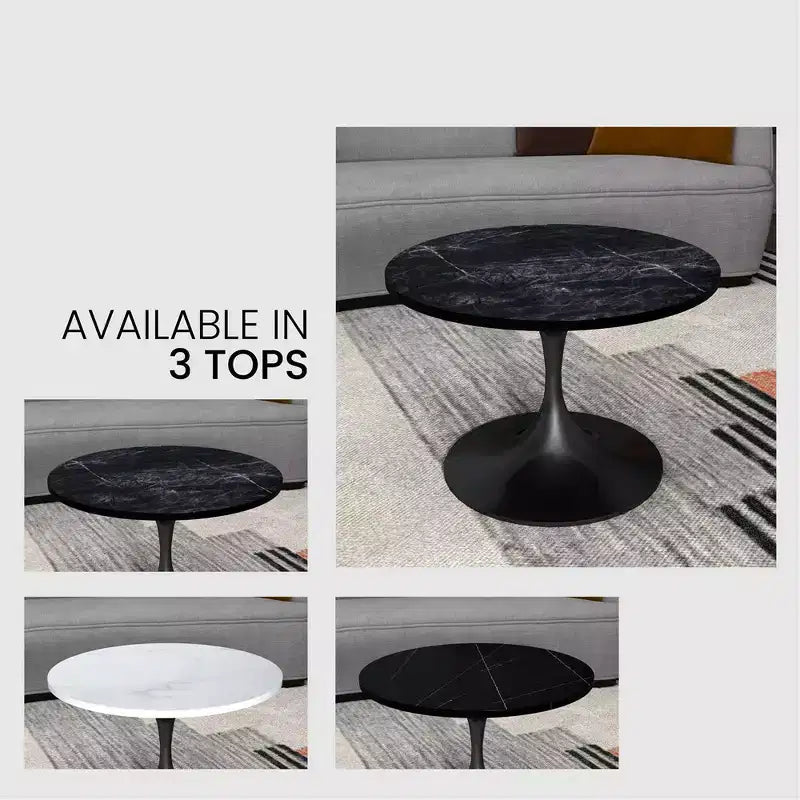 LeisureMod Verve 27 table basse ronde - plateau en pierre frittée et base piédestal en acier noir moderne, table d'appoint pour salon contemporain