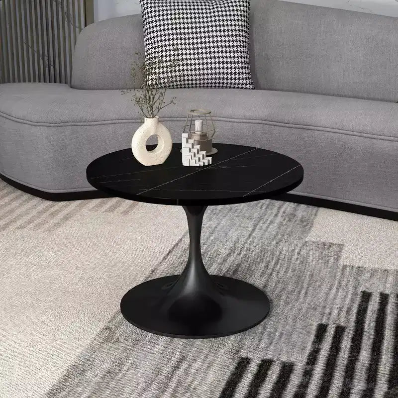 LeisureMod Verve 27 table basse ronde - plateau en pierre frittée et base piédestal en acier noir moderne, table d'appoint pour salon contemporain