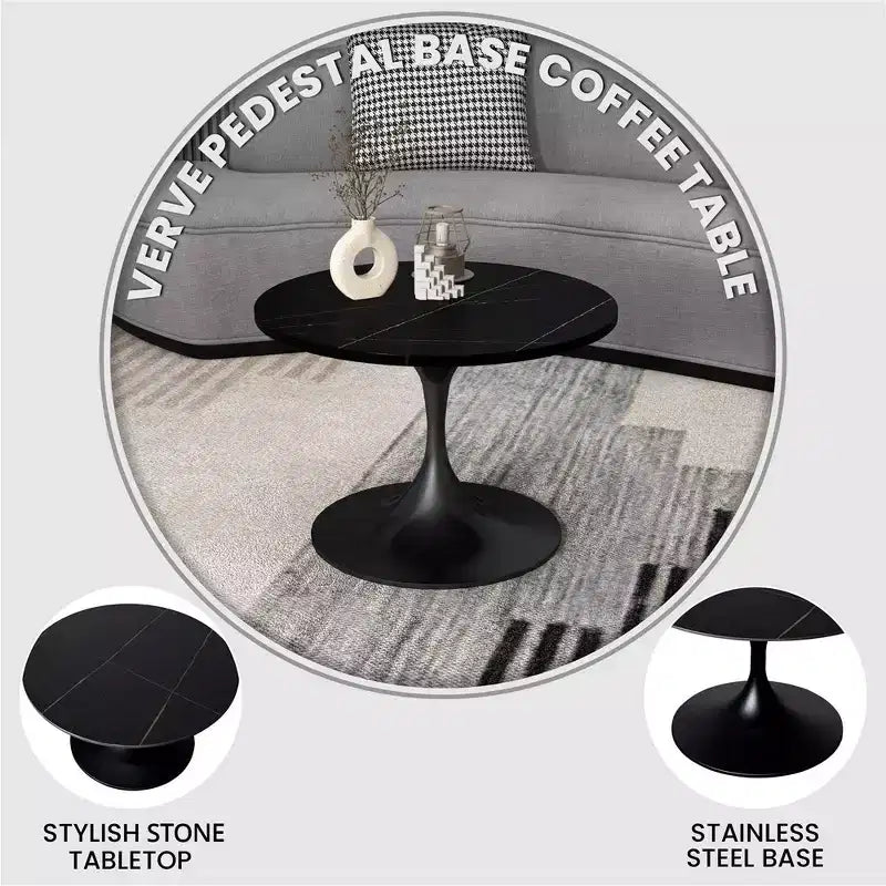 LeisureMod Verve 27 table basse ronde - plateau en pierre frittée et base piédestal en acier noir moderne, table d'appoint pour salon contemporain