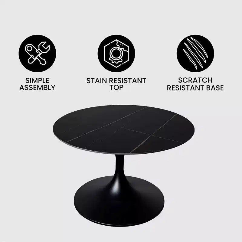 LeisureMod Verve 27 table basse ronde - plateau en pierre frittée et base piédestal en acier noir moderne, table d'appoint pour salon contemporain