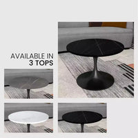 LeisureMod Verve 27 table basse ronde - plateau en pierre frittée et base piédestal en acier noir moderne, table d'appoint pour salon contemporain