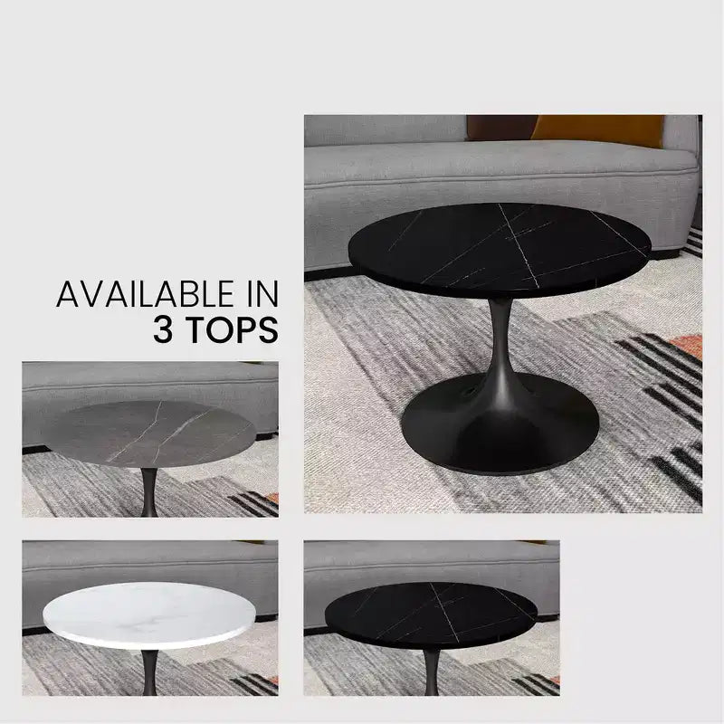 LeisureMod Verve 27 table basse ronde - plateau en pierre frittée et base piédestal en acier noir moderne, table d'appoint pour salon contemporain