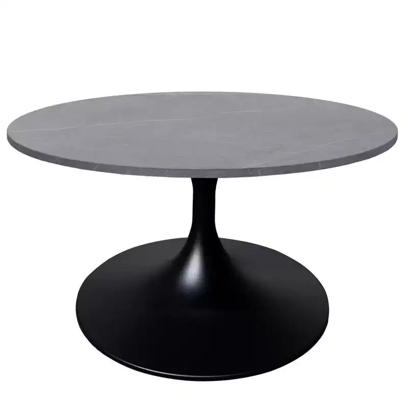 LeisureMod Verve 27 table basse ronde - plateau en pierre frittée et base piédestal en acier noir moderne, table d'appoint pour salon contemporain