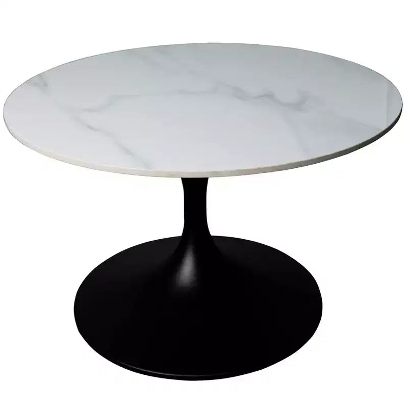 LeisureMod Verve 27 table basse ronde - plateau en pierre frittée et base piédestal en acier noir moderne, table d'appoint pour salon contemporain
