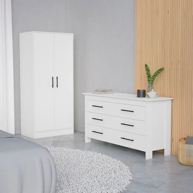 Ensemble de chambre FM Furniture Canaan 2 pièces avec armoire et commode à 6 tiroirs, blanc