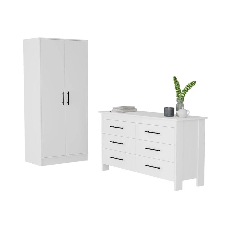 Ensemble de chambre FM Furniture Canaan 2 pièces avec armoire et commode à 6 tiroirs, blanc