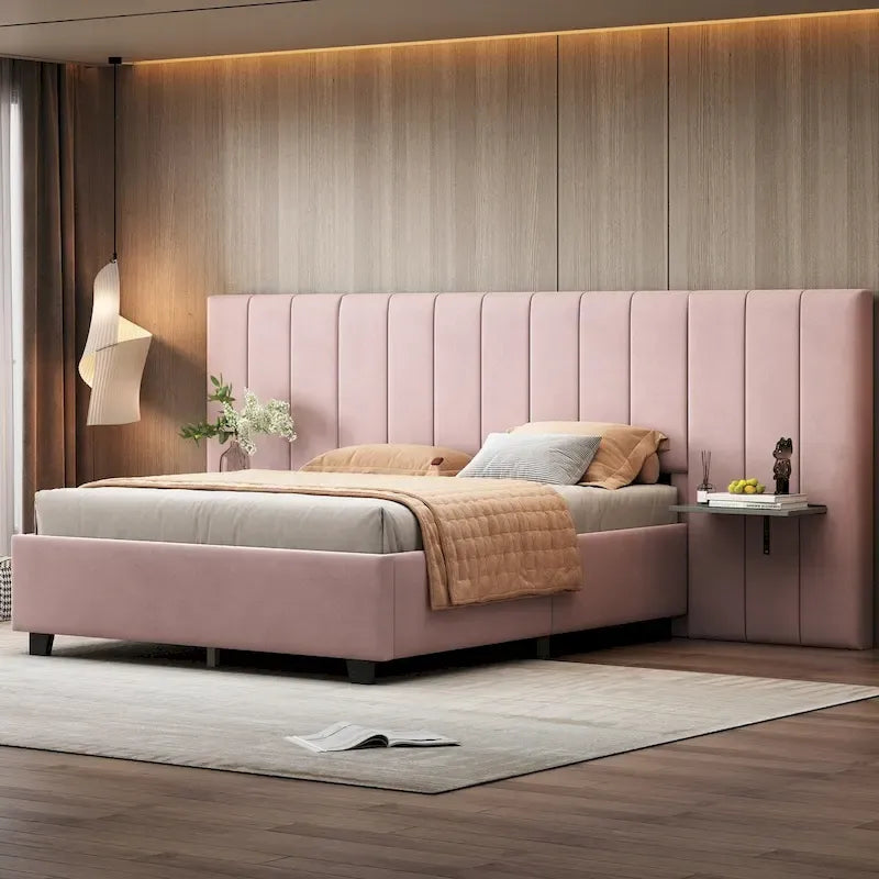 Lit plateforme pleine taille en velours capitonné avec grande tête de lit, meubles de chambre à coucher